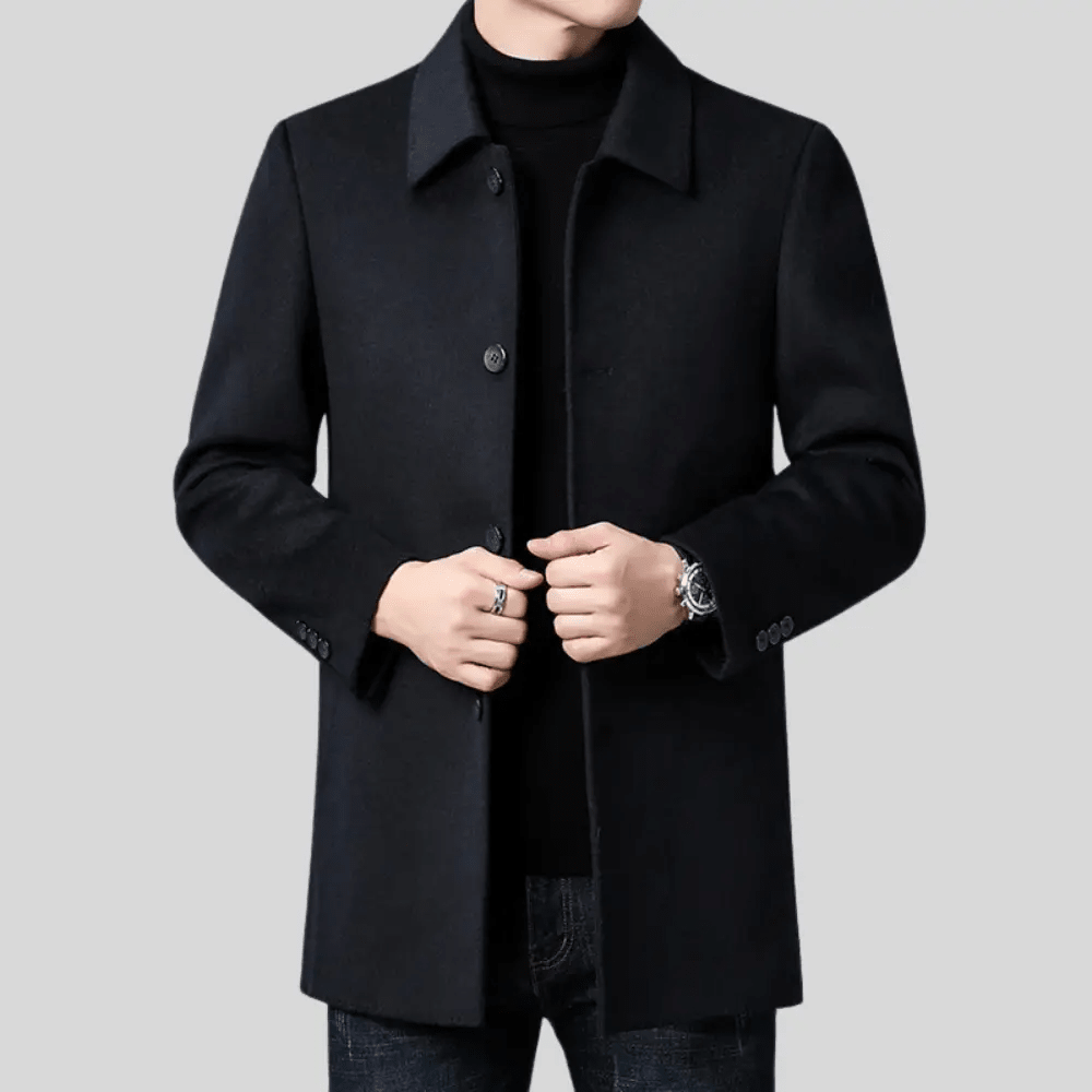 Men's tailored fit wool overcoat in classic mid-length design, perfect for formal and smart casual occasions, featuring a sophisticated look and premium material. 3