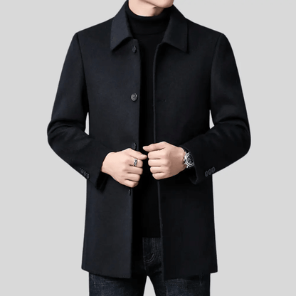 Men's tailored fit wool overcoat in classic mid-length design, perfect for formal and smart casual occasions, featuring a sophisticated look and premium material. 3