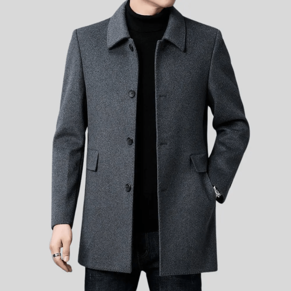 Men's tailored fit wool overcoat in classic mid-length design, perfect for formal and smart casual occasions, featuring a sophisticated look and premium material. 7
