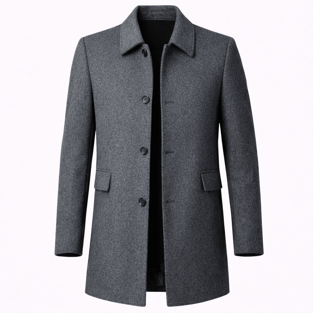 Men's tailored fit wool overcoat in classic mid-length design, perfect for formal and smart casual occasions, featuring a sophisticated look and premium material. 5