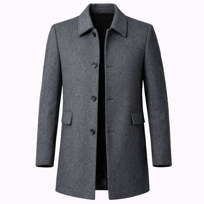 Men's tailored fit wool overcoat in classic mid-length design, perfect for formal and smart casual occasions, featuring a sophisticated look and premium material. 5