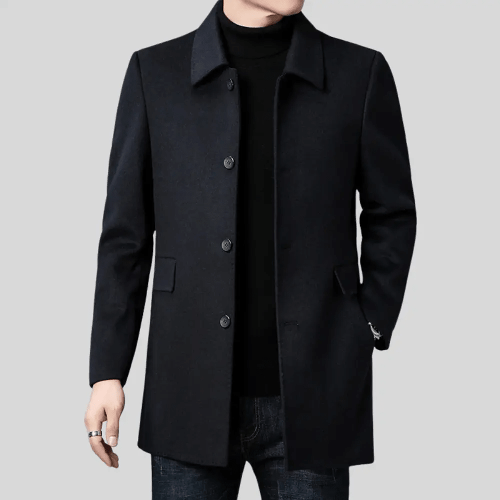 Men's tailored fit wool overcoat in classic mid-length design, perfect for formal and smart casual occasions, featuring a sophisticated look and premium material. 2