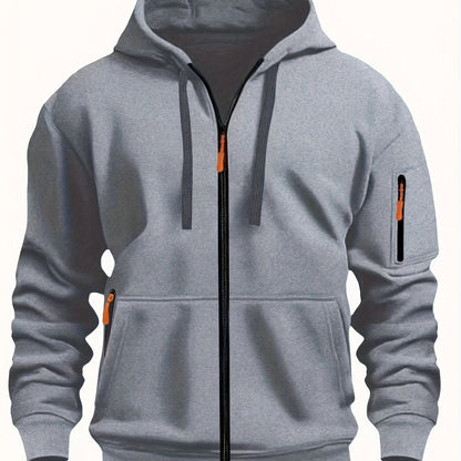 Men's zip-up hoodie featuring a cozy hood and durable zipper, crafted from 100% polyester for ultimate comfort during fall and winter. 20