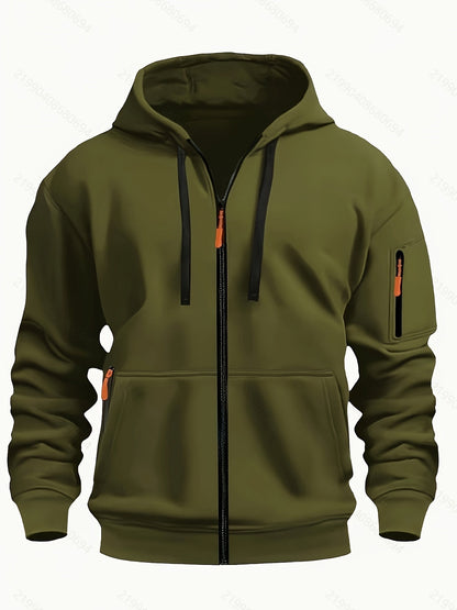 Men's zip-up hoodie featuring a cozy hood and durable zipper, crafted from 100% polyester for ultimate comfort during fall and winter. 7