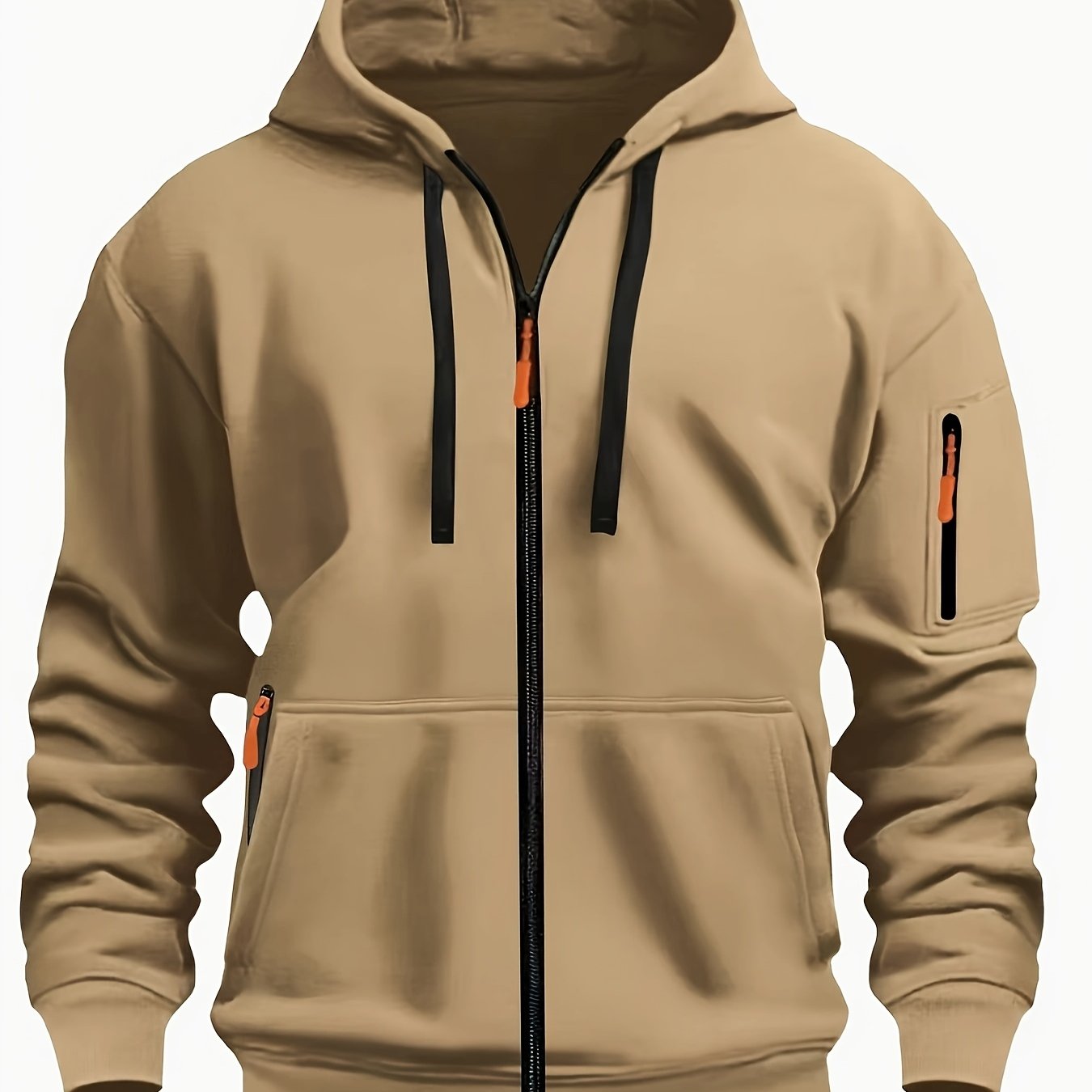 Men's zip-up hoodie featuring a cozy hood and durable zipper, crafted from 100% polyester for ultimate comfort during fall and winter. 12