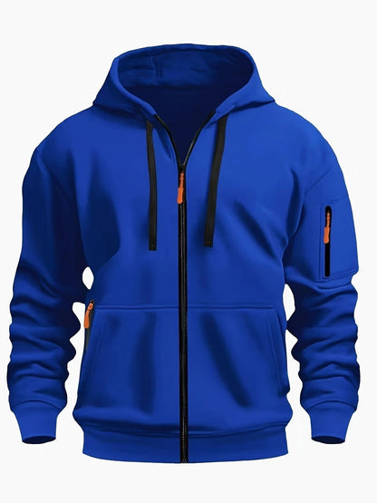 Men's zip-up hoodie featuring a cozy hood and durable zipper, crafted from 100% polyester for ultimate comfort during fall and winter. 5
