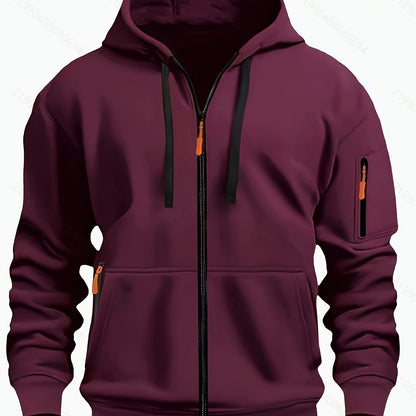 Men's zip-up hoodie featuring a cozy hood and durable zipper, crafted from 100% polyester for ultimate comfort during fall and winter. 19