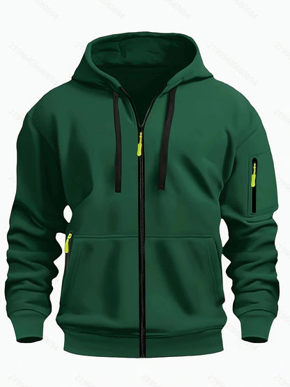 Men's zip-up hoodie featuring a cozy hood and durable zipper, crafted from 100% polyester for ultimate comfort during fall and winter. 8