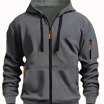 Men's zip-up hoodie featuring a cozy hood and durable zipper, crafted from 100% polyester for ultimate comfort during fall and winter. 14