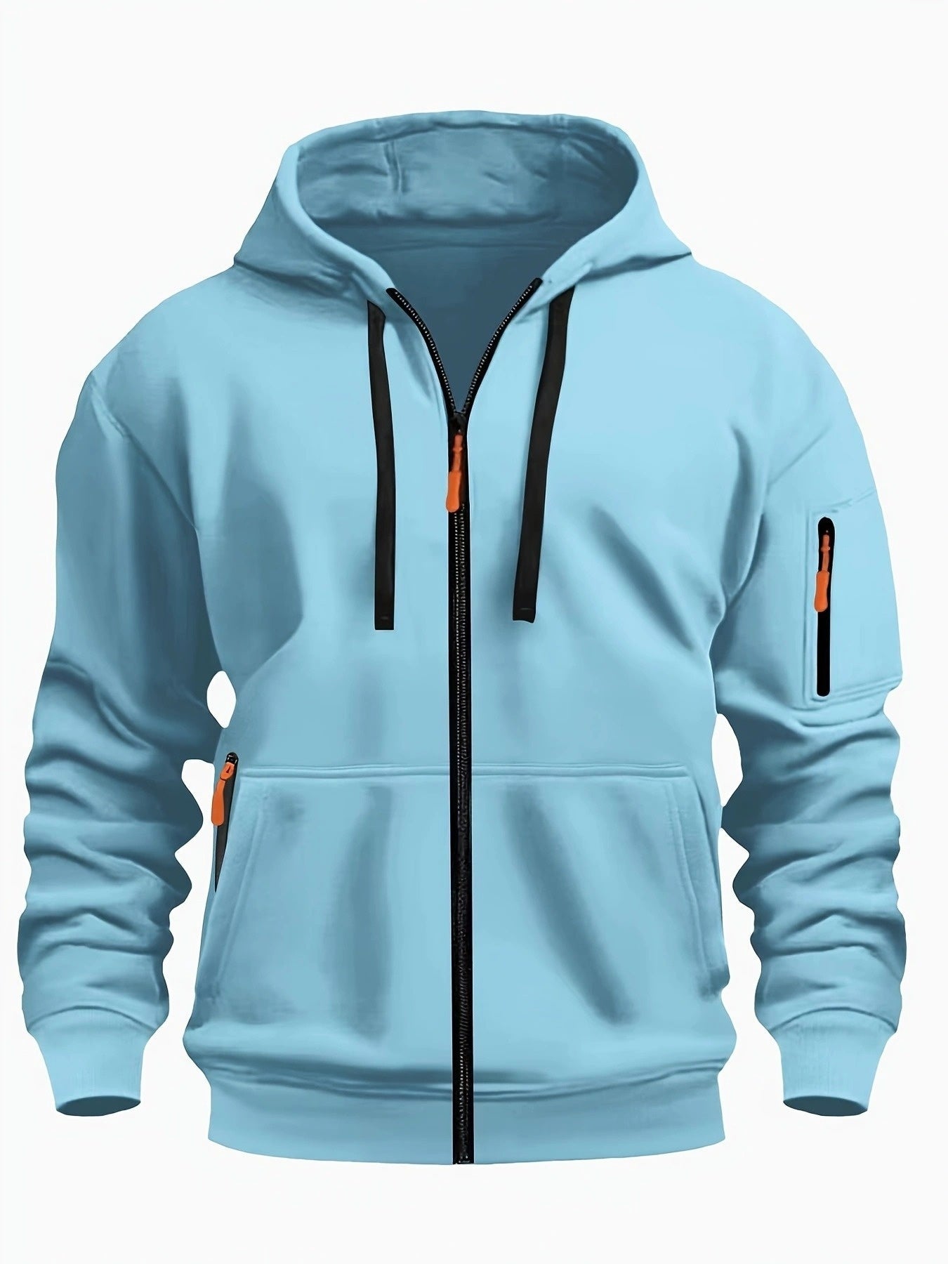 Men's zip-up hoodie featuring a cozy hood and durable zipper, crafted from 100% polyester for ultimate comfort during fall and winter. 1