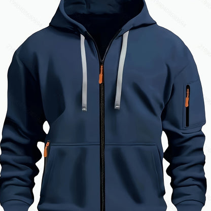Men's zip-up hoodie featuring a cozy hood and durable zipper, crafted from 100% polyester for ultimate comfort during fall and winter. 16