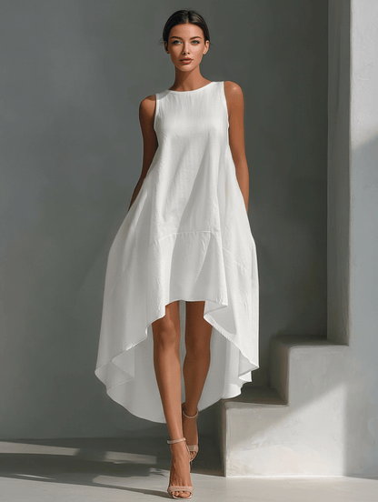 Midi dress featuring an asymmetric hemline, crafted from breathable fabric, designed with a minimalist sleeveless silhouette for women. 0