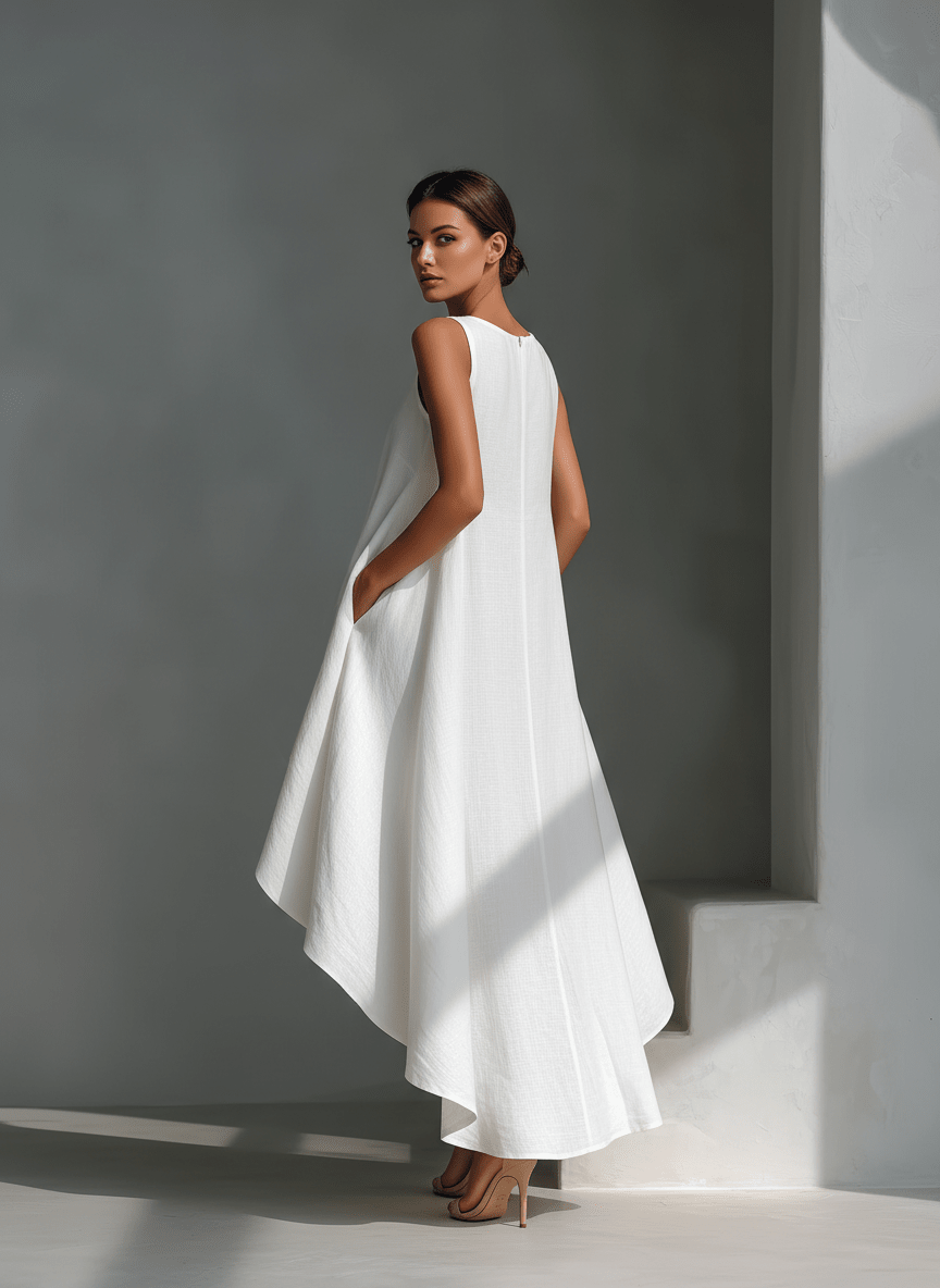 Midi dress featuring an asymmetric hemline, crafted from breathable fabric, designed with a minimalist sleeveless silhouette for women. 4