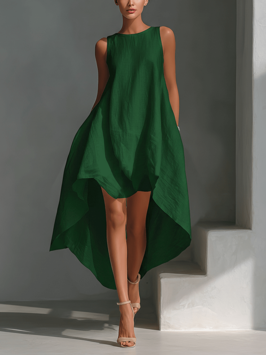 Midi dress featuring an asymmetric hemline, crafted from breathable fabric, designed with a minimalist sleeveless silhouette for women. 9