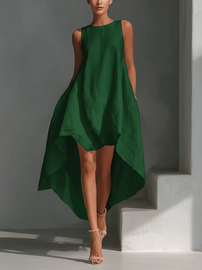 Midi dress featuring an asymmetric hemline, crafted from breathable fabric, designed with a minimalist sleeveless silhouette for women. 9