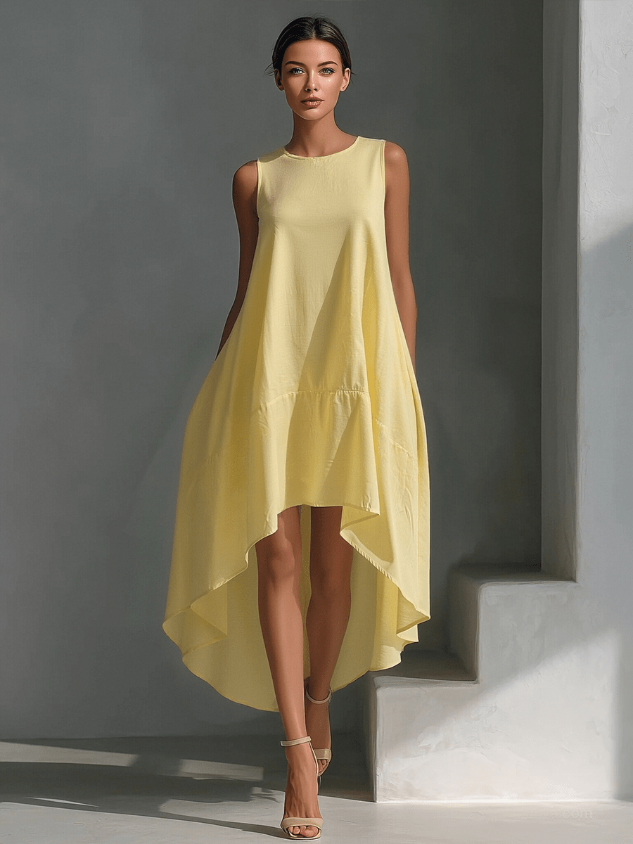 Midi dress featuring an asymmetric hemline, crafted from breathable fabric, designed with a minimalist sleeveless silhouette for women. 8