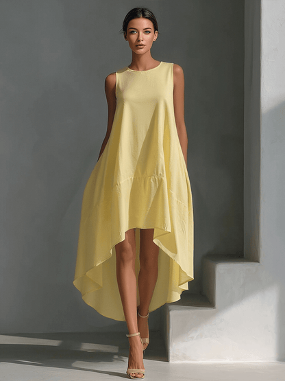 Midi dress featuring an asymmetric hemline, crafted from breathable fabric, designed with a minimalist sleeveless silhouette for women. 8