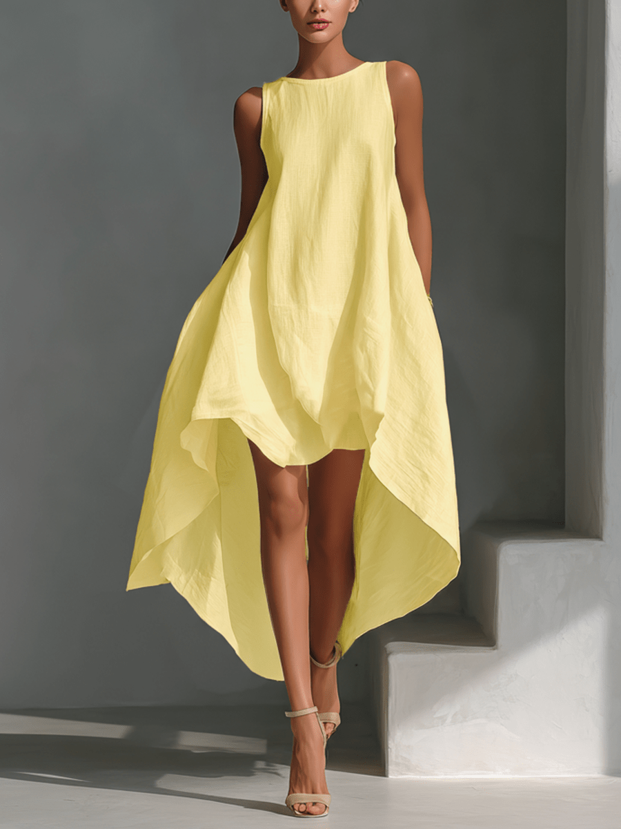 Midi dress featuring an asymmetric hemline, crafted from breathable fabric, designed with a minimalist sleeveless silhouette for women. 7