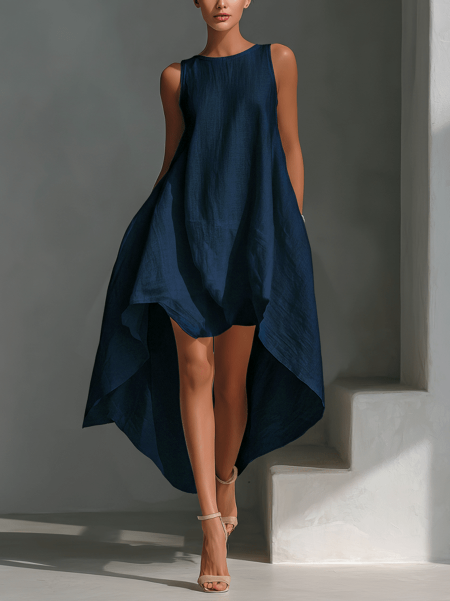 Midi dress featuring an asymmetric hemline, crafted from breathable fabric, designed with a minimalist sleeveless silhouette for women. 10