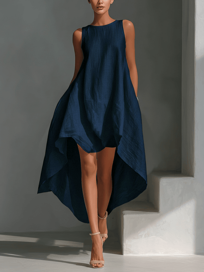 Midi dress featuring an asymmetric hemline, crafted from breathable fabric, designed with a minimalist sleeveless silhouette for women. 10