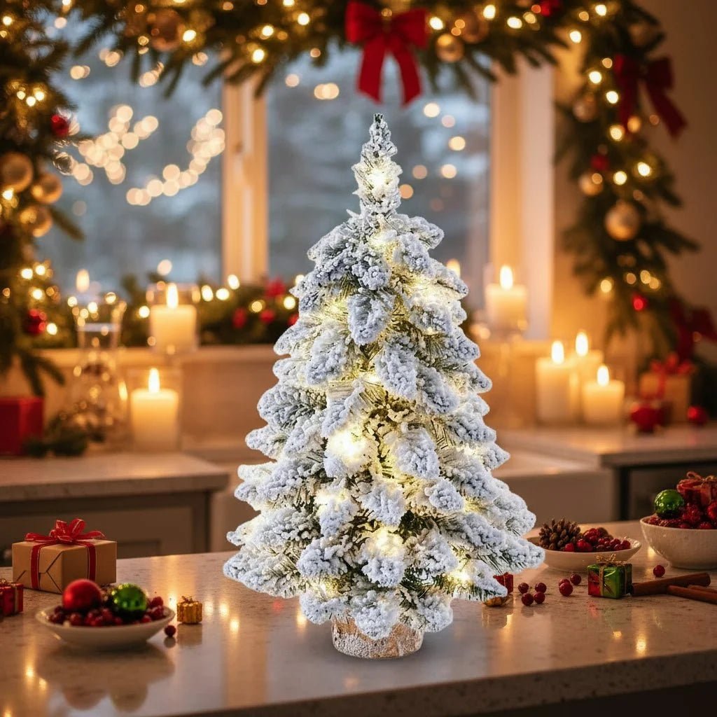 Mini Christmas tree with LED lights and snow effect, 45 cm tall, perfect for compact table decor and holiday decorations. 4