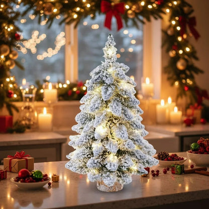 Mini Christmas tree with LED lights and snow effect, 45 cm tall, perfect for compact table decor and holiday decorations. 4