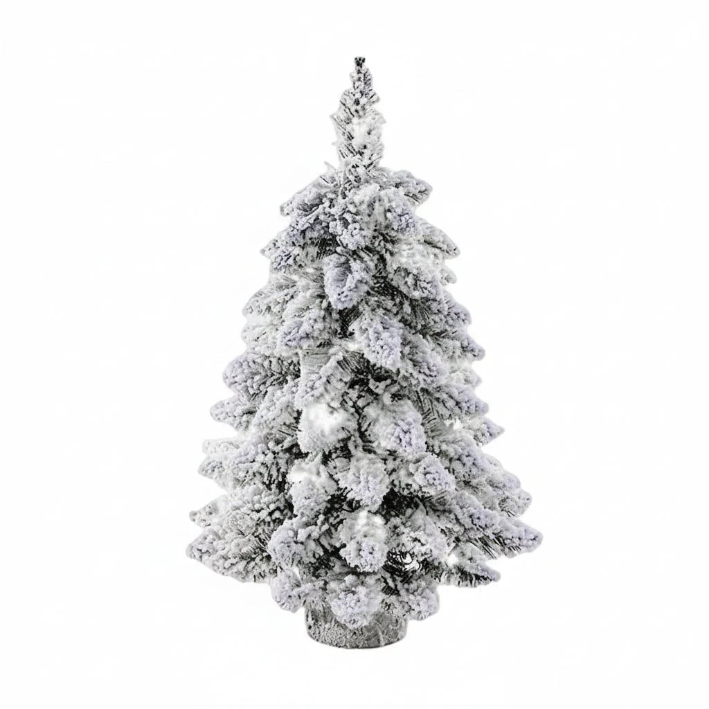 Mini Christmas tree with LED lights and snow effect, 45 cm tall, perfect for compact table decor and holiday decorations. 1