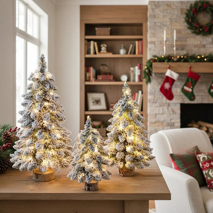 Mini Christmas tree with LED lights and snow effect, 45 cm tall, perfect for compact table decor and holiday decorations. 3