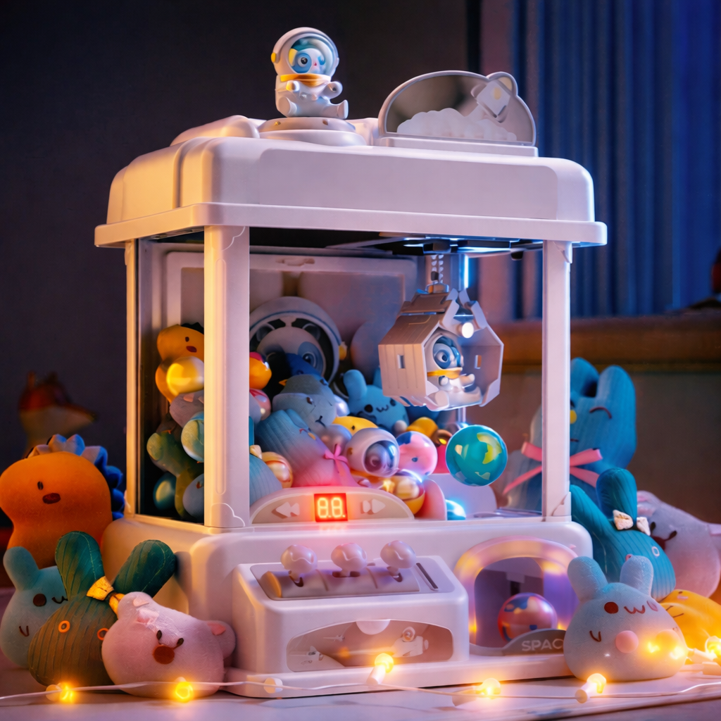Mini claw machine toy for kids featuring coin-operated functionality, designed as an arcade claw game that dispenses plush prizes, perfect for home play and entertainment. 0