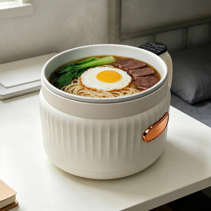 Mini electric cooker featuring touch controls, a white ribbed pot, and elegant rose gold trim, perfect for quick and easy meal preparation. 4