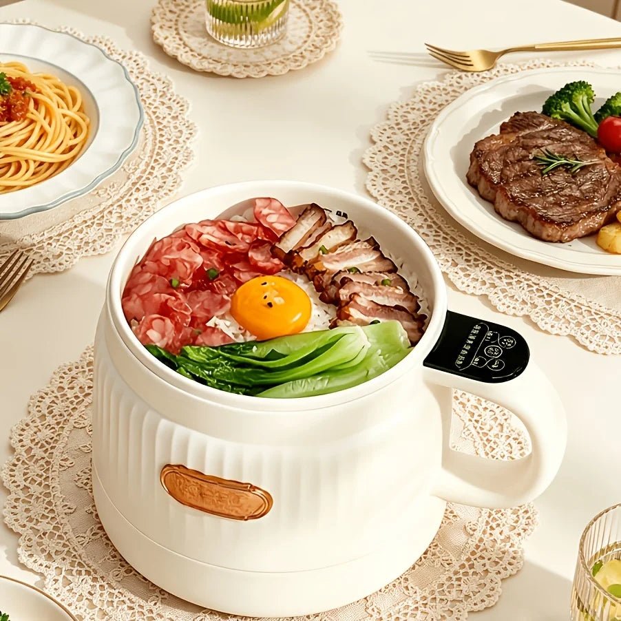 Mini electric cooker featuring touch controls, a white ribbed pot, and elegant rose gold trim, perfect for quick and easy meal preparation. 3