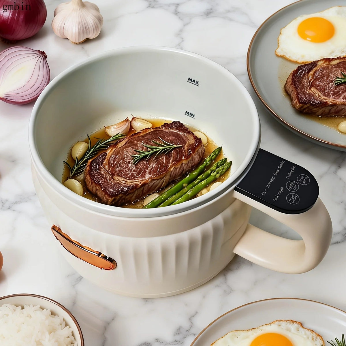 Mini electric cooker featuring touch controls, a white ribbed pot, and elegant rose gold trim, perfect for quick and easy meal preparation. 2