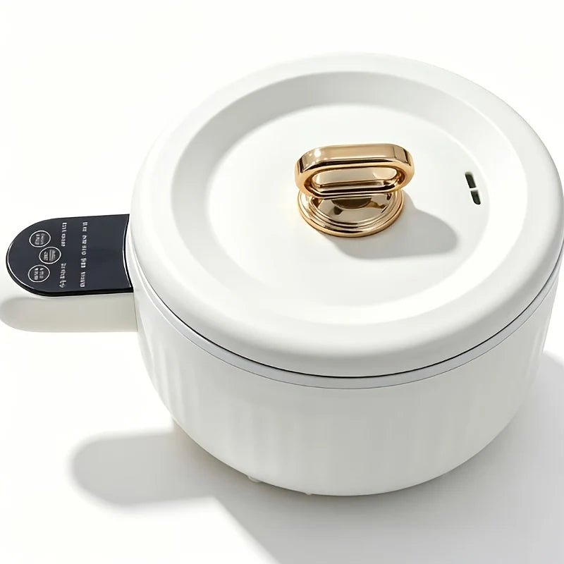 Mini electric cooker featuring touch controls, a white ribbed pot, and elegant rose gold trim, perfect for quick and easy meal preparation. 0