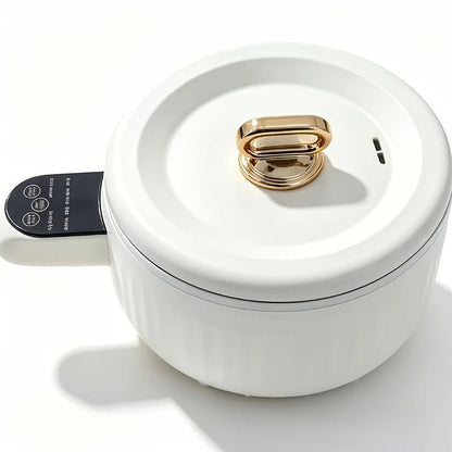 Mini electric cooker featuring touch controls, a white ribbed pot, and elegant rose gold trim, perfect for quick and easy meal preparation. 0