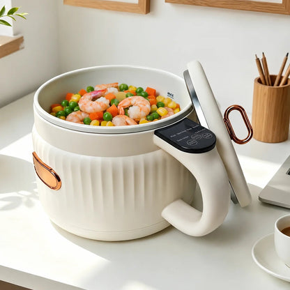 Mini electric cooker featuring touch controls, a white ribbed pot, and elegant rose gold trim, perfect for quick and easy meal preparation. 1