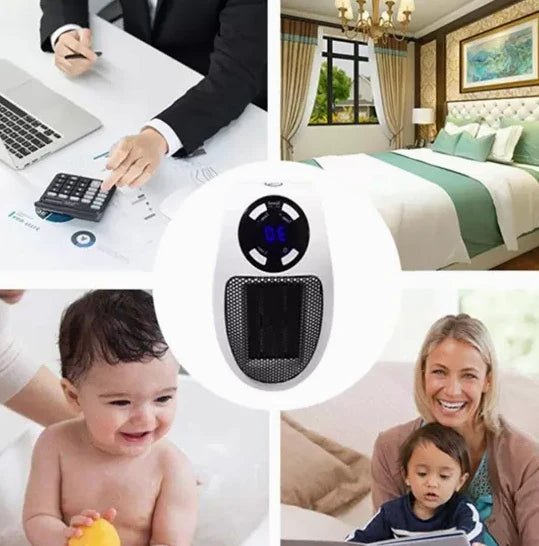 Mini electric heater featuring a 12-hour timer and remote control, designed for portable and quiet heating in home offices, promoting comfort and convenience. 1