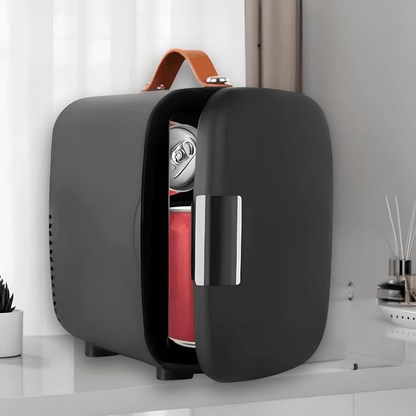 Mini fridge for bedroom in black, 4L capacity, featuring cooling and warming functionality, perfect for storing snacks and beverages in a compact design. 0