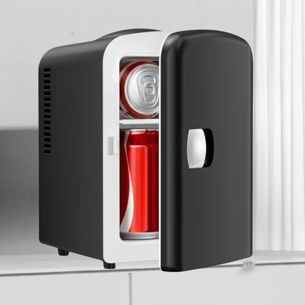 Mini fridge for bedroom in black, featuring energy-efficient cooling, compact 4L design, perfect for storing beverages and snacks in small spaces. 0