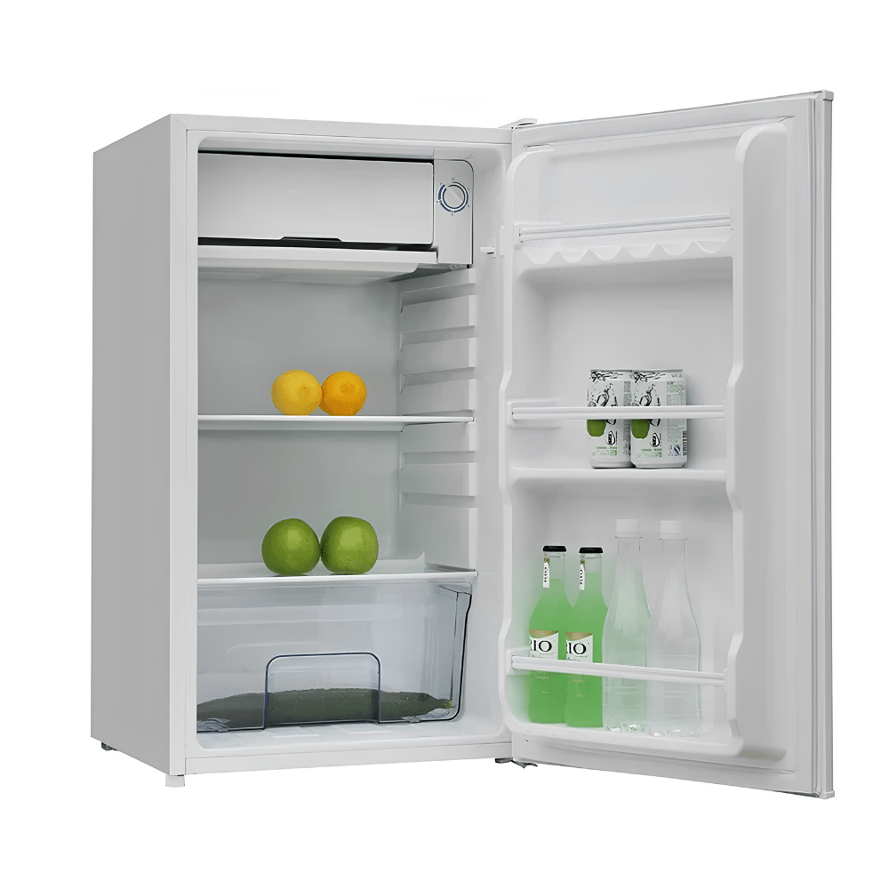 Mini fridge for bedroom with a single door, available in black, white, or red, perfect for storing beverages and snacks in a compact design. 2
