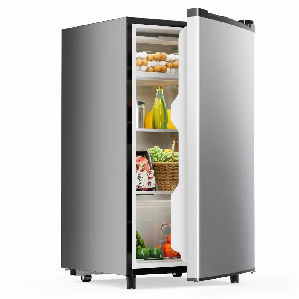 Mini fridge with freezer and adjustable temperature control, featuring a compact glass door design, perfect for bedrooms and offices. 1