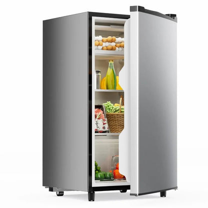 Mini fridge with freezer and adjustable temperature control, featuring a compact glass door design, perfect for bedrooms and offices. 1