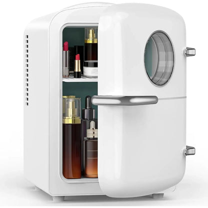 Mini fridge with freezer compartment featuring a sleek design, perfect for storing skincare products and snacks, ideal for bedroom and office use, 4L capacity, 0
