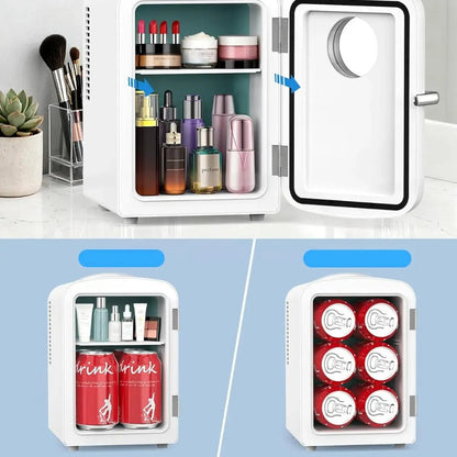 Mini fridge with freezer compartment featuring a sleek design, perfect for storing skincare products and snacks, ideal for bedroom and office use, 4L capacity, 3