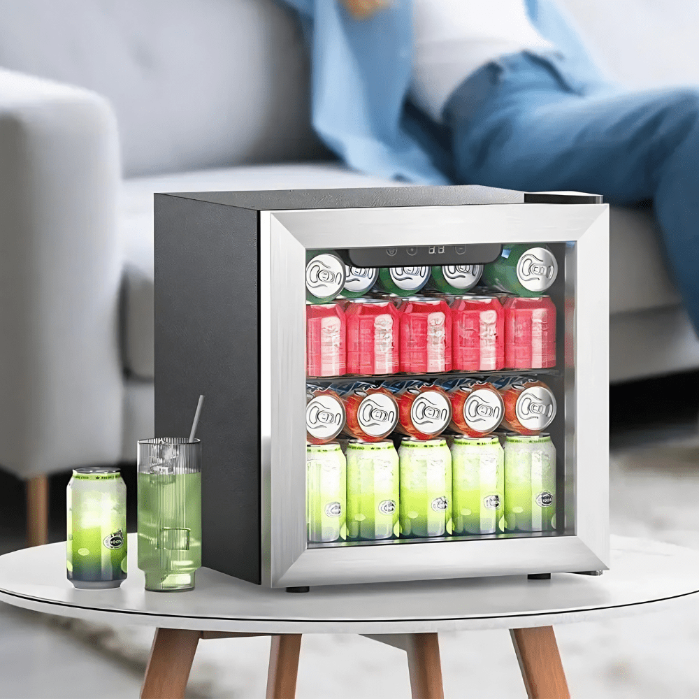 Mini fridge with a glass door and adjustable shelves, featuring digital temperature control, ideal for compact spaces and beverage storage. 0