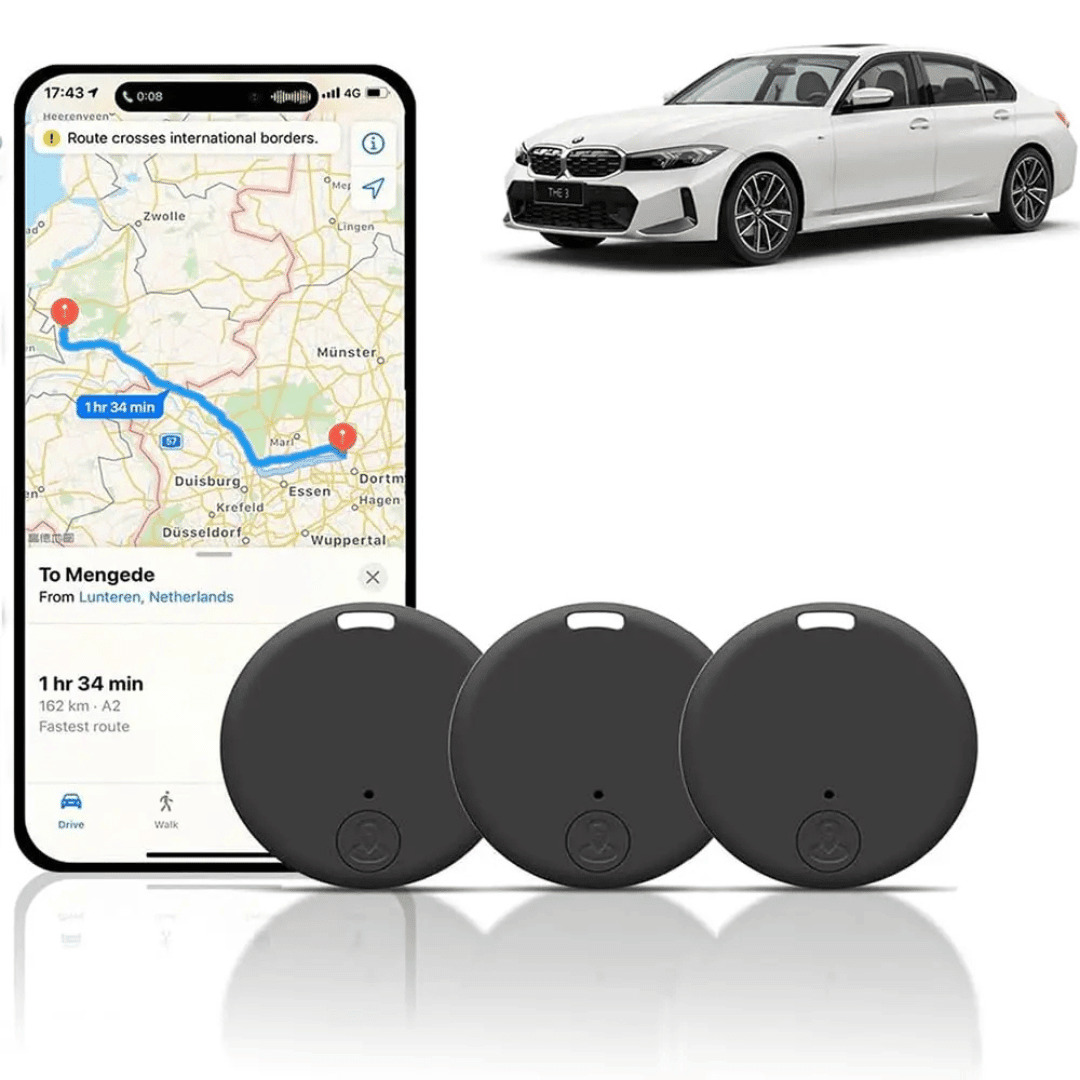 Mini GPS tracker set in black with magnetic mount and app integration, featuring three compact car tracking devices for enhanced vehicle security and monitoring. 0