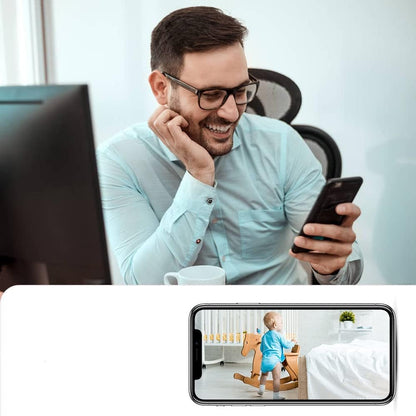 Mini security camera featuring 4K HD video quality and night vision, designed for compact indoor surveillance with advanced motion detection capabilities. 2