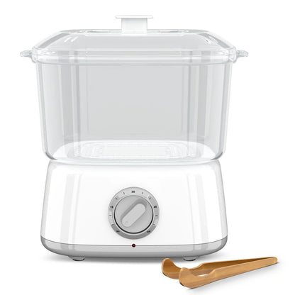 Compact Mini Towel Steamer in Black or White featuring a rotary timer and clear chamber for efficient steaming. 1