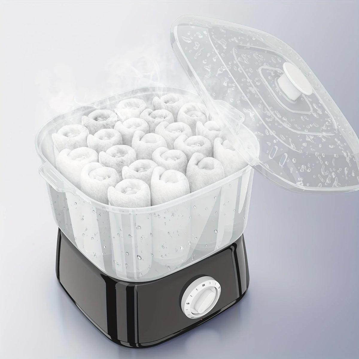 Compact Mini Towel Steamer in Black or White featuring a rotary timer and clear chamber for efficient steaming. 2
