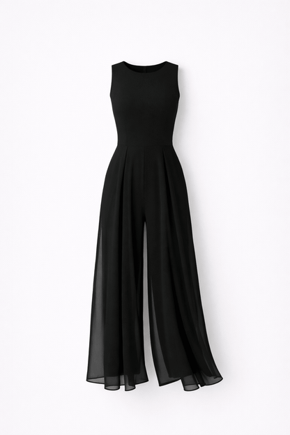Elegant minimalist jumpsuit for women featuring a flowing silhouette, perfect for versatile styling and any occasion. 1