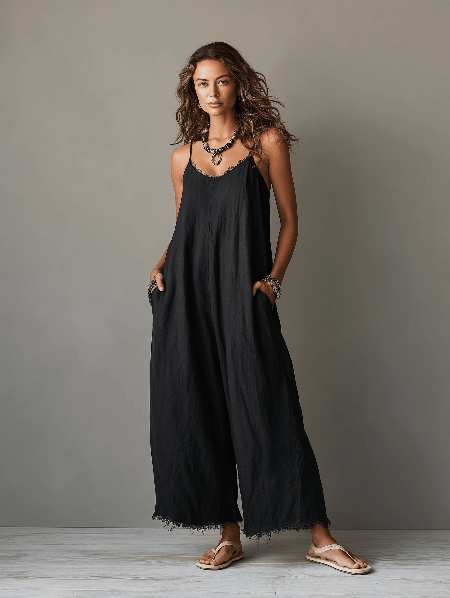 Minimalist jumpsuit for women featuring a lace neckline, adjustable straps, and a relaxed fit, crafted from soft breathable fabric for comfort and style. 3